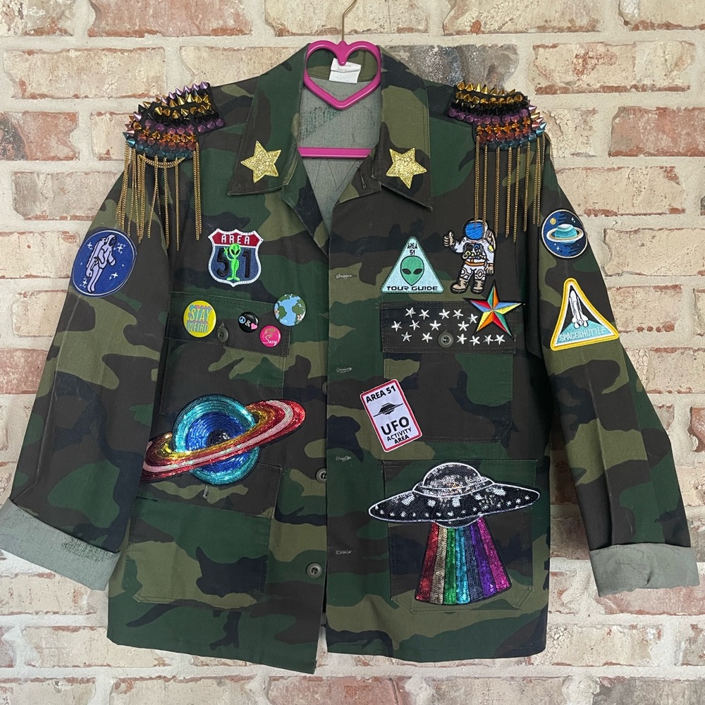 Custom UPCYCLED By ME BLING Military Camo Shacket W/SPACE ALIEN Patches & Pins